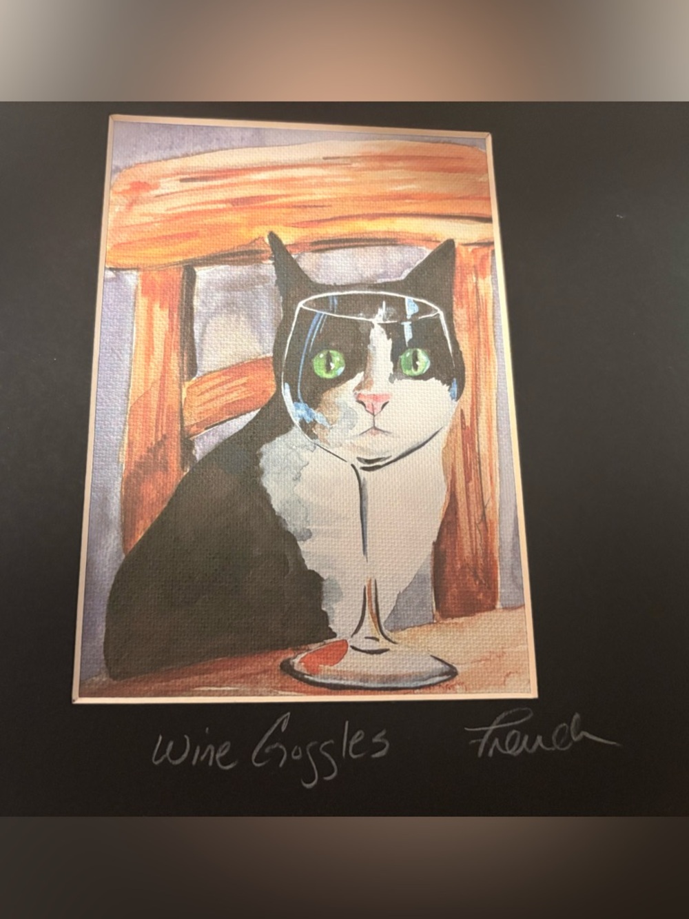 WHISKERS & WINE Cat Wine Glass Art Print - matte signed by artist. Wine Goggles